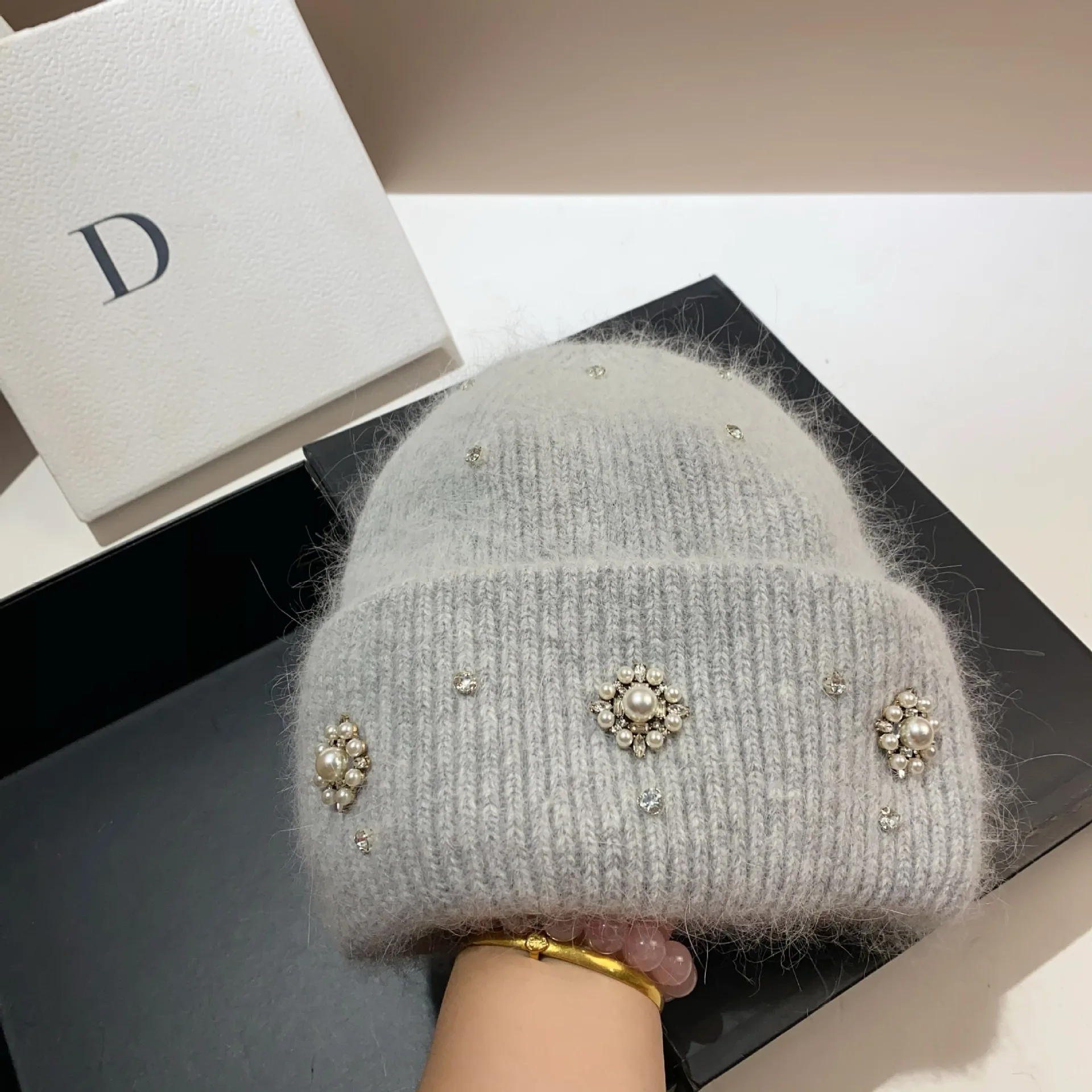 Pearl Rhinestone Rabbit Fur Beanies Fluffy Winter Hat for Women Angora Soft Warm Knitted Hat Beanies Female Bonnet  Knit Cap