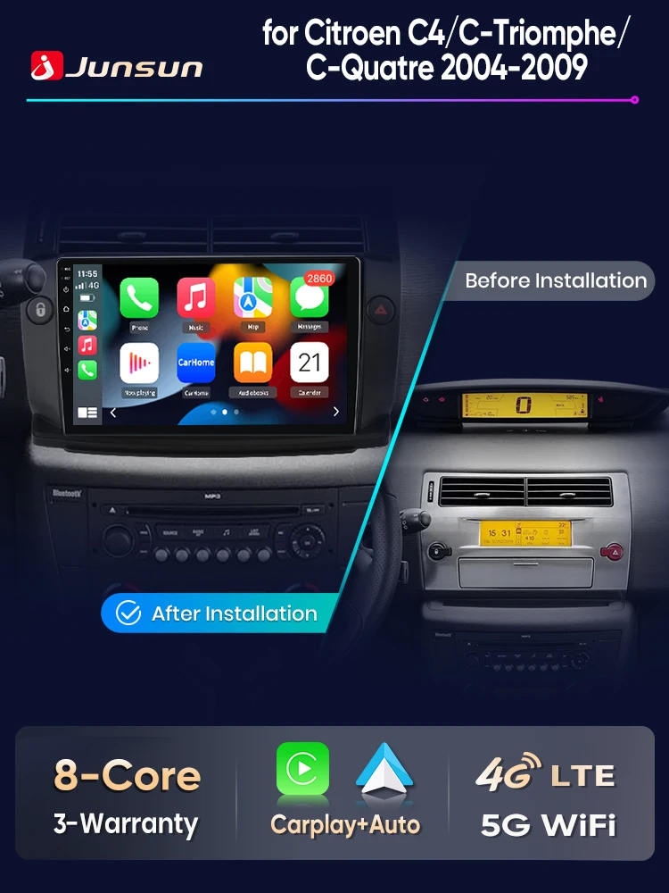 Junsun Android Auto Autoradio für Citroen C4 2004 2005 2006 2007 2008 2009 Multimedia Wireless Apple CarPlay Intelligente Systeme IPS Touchscreen Stereo Videoplayer 2 Din Autoradio Head Unit