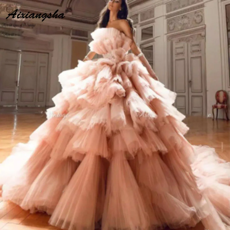 Aixiangsha Princess Pink Strapless Tiered Pleat Tulle Ball Gown Sash Evening Dress Prom Gown Special Occasion Vestido De Novia