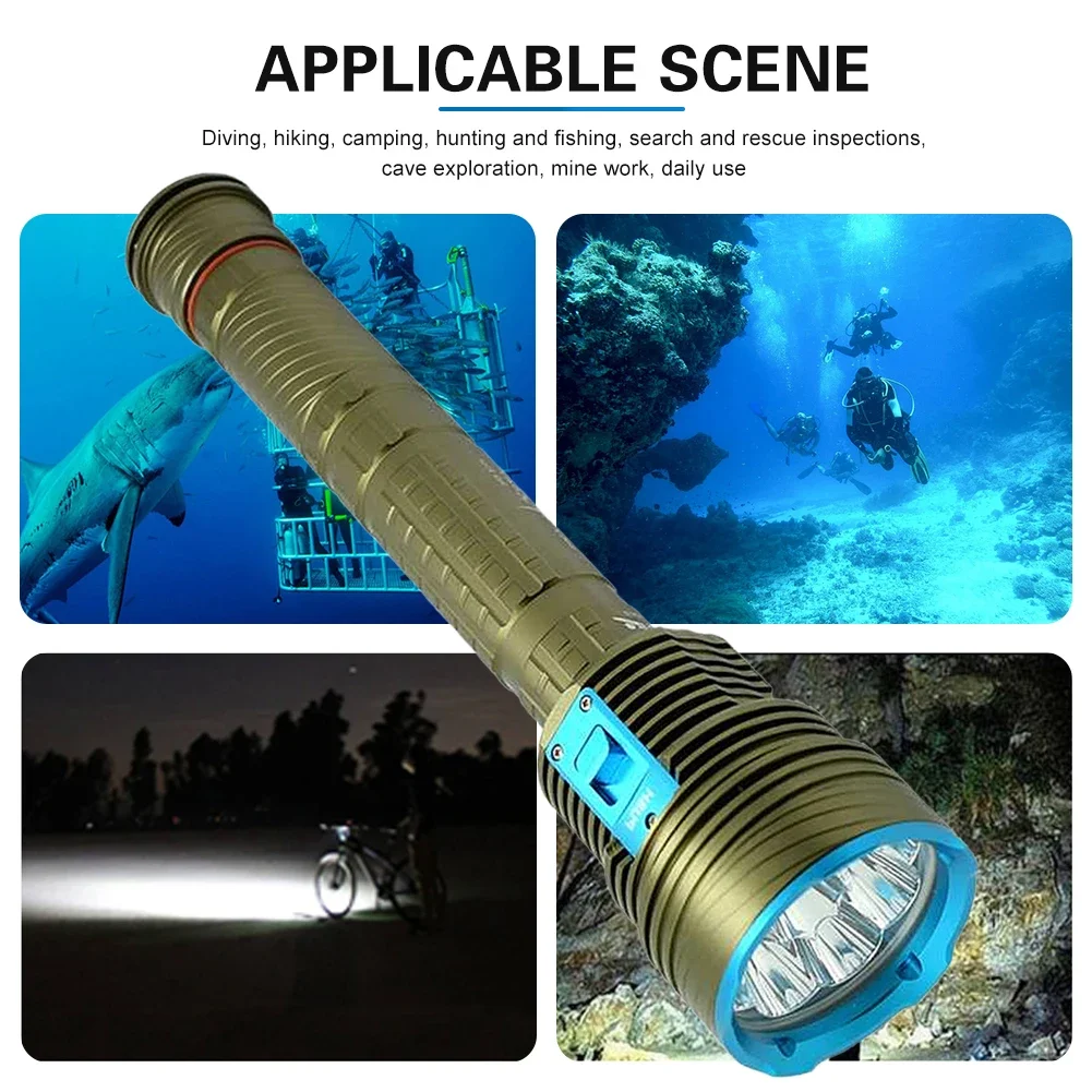 Asafee L2 LED Yellow Light 100M Underwater Diving Flashlight 5000LM 100M Range Torch Waterproof 18650 Battery Lantern