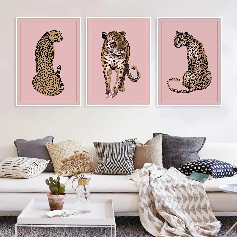 Fashion Leopard Nordic Posters And Prints Canvas Wall Art Print Pink Painting Decorative Picture Modern Room Home Decor