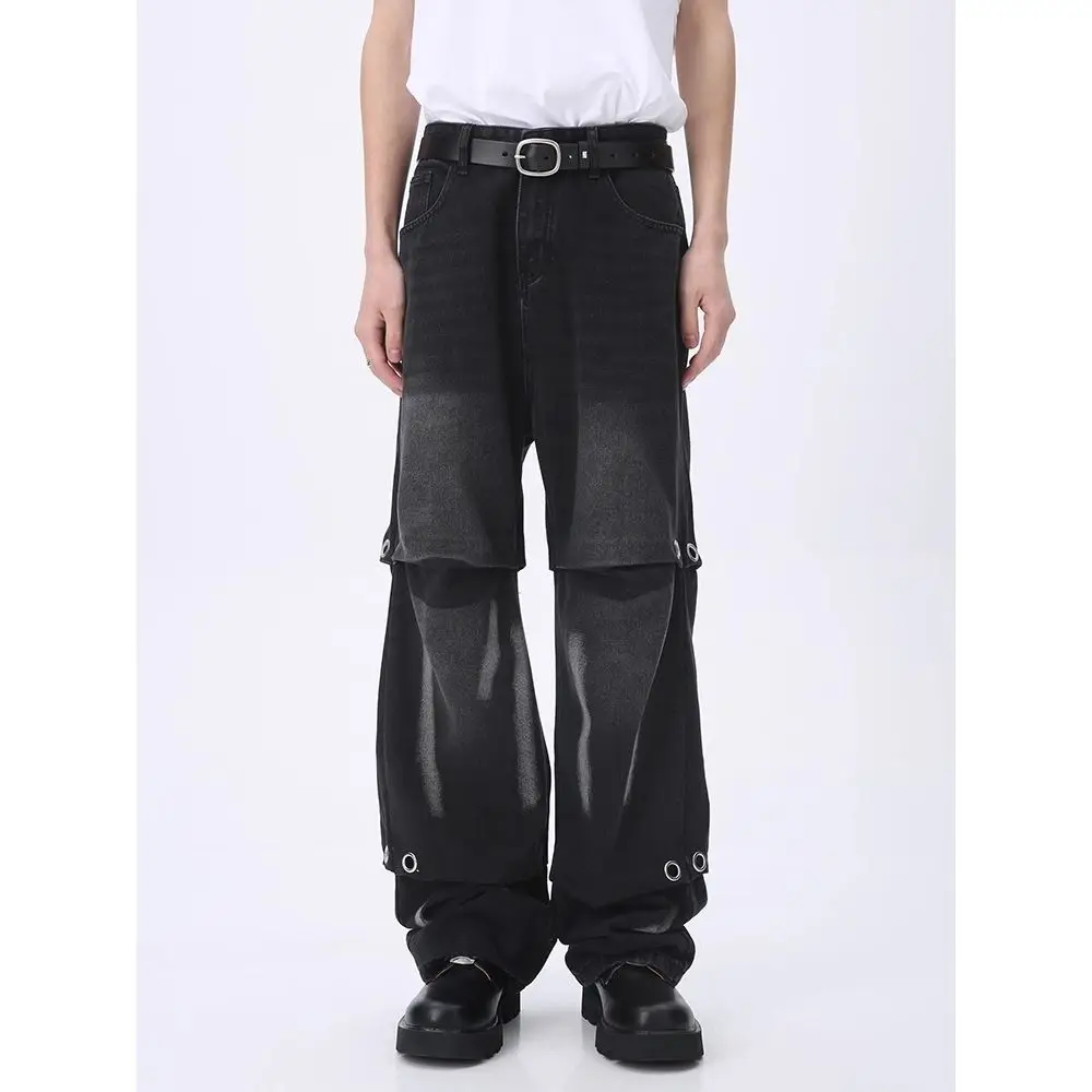 Men's Metal Decoration Black Jeans Fashion Trend Autumn Street Style Trousers Male High Waisted Wide Leg Denim Pants