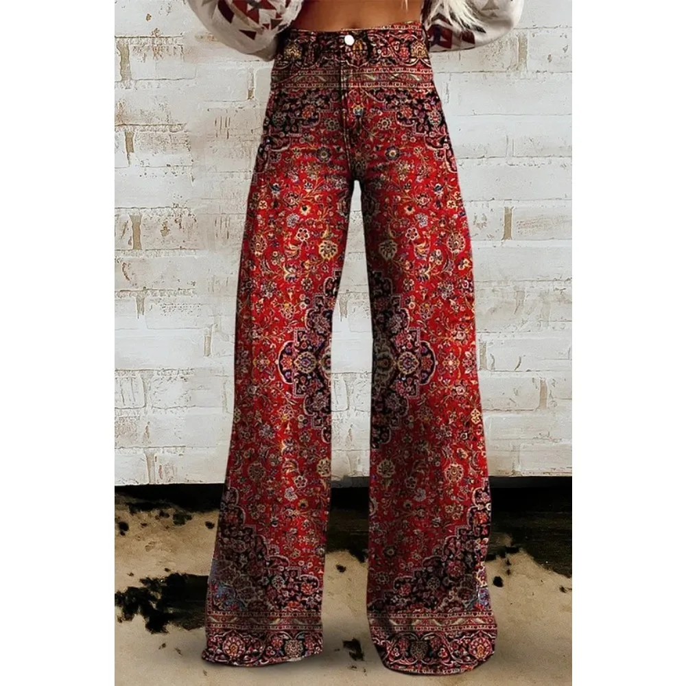 Damen Boho Blumenmuster High-Waist Weite Hose Retro Y2K Western Lässige Loose-Fit Hose mit Taschen Sexy Mädchenhafte Streetwear – Detail 9