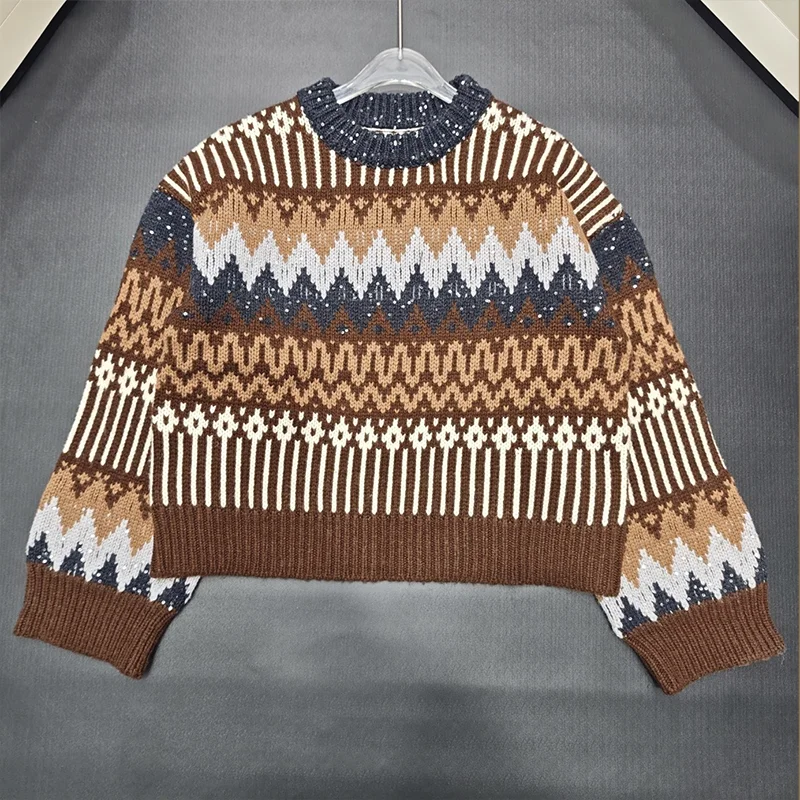 

High quality Fer Island Jacquard woman Short pullover Small Sequins sweater fashionable knitwear 25120605