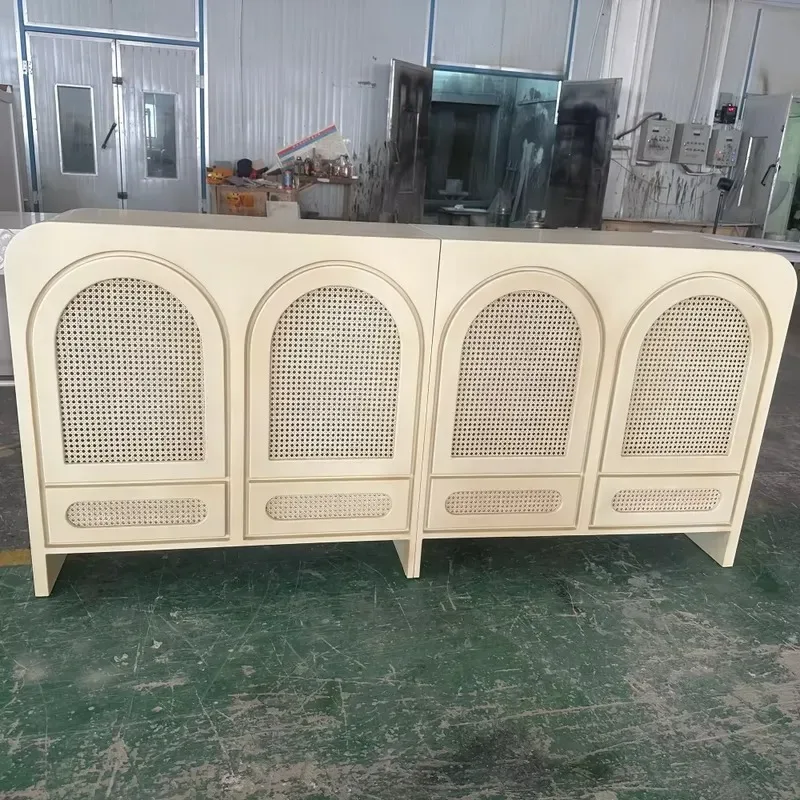 cream white curved rattan side cabinet solid wood four doors two drawers locker suitable for living room and dining