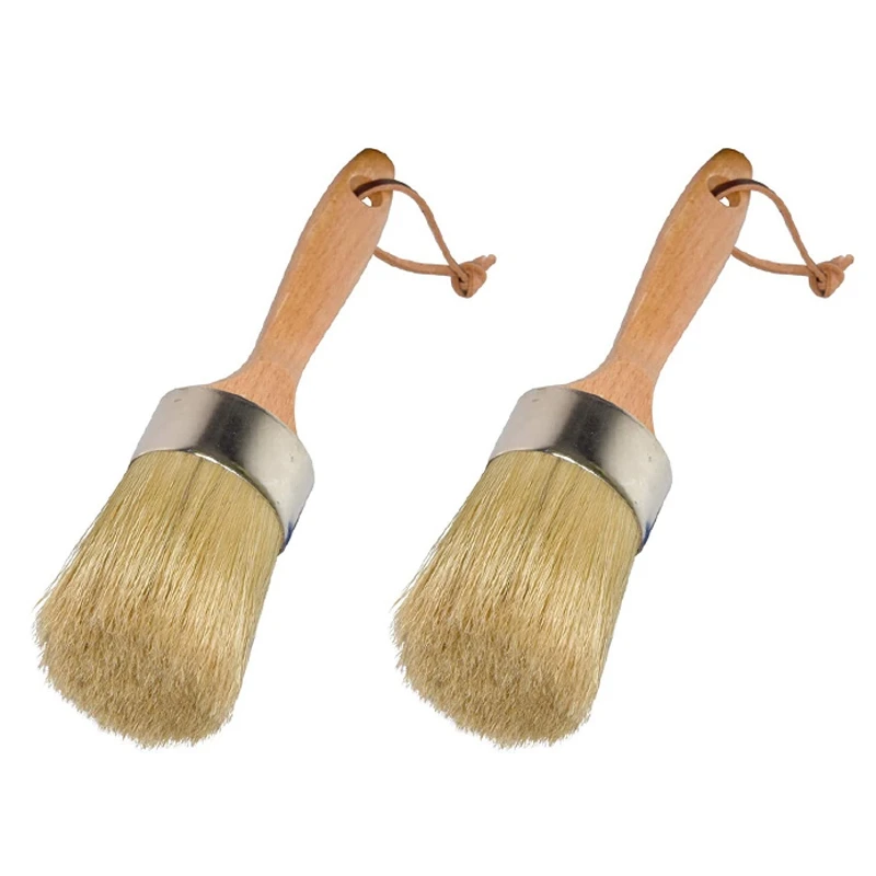 

2X Chalk And Wax Paint Brush Large 2-In-1 Round Natural Bristles Painting Tool For DIY Furniture Stencils Home Decor