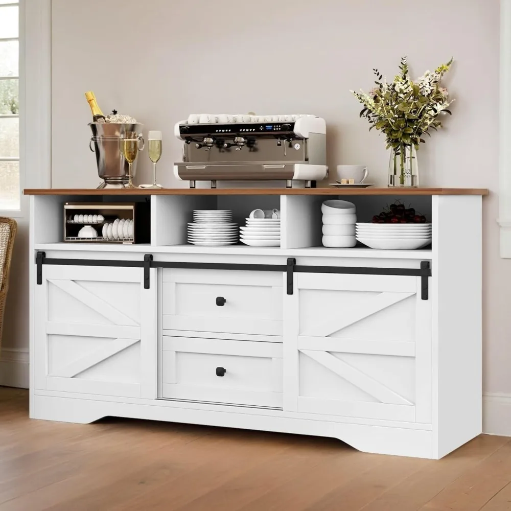 

Buffet Cabinet with Drawers, 59" Large Sideboard Buffet Storage Cabinet with Shelves and Doors, Modern Farmhouse Coffee Bar Sta