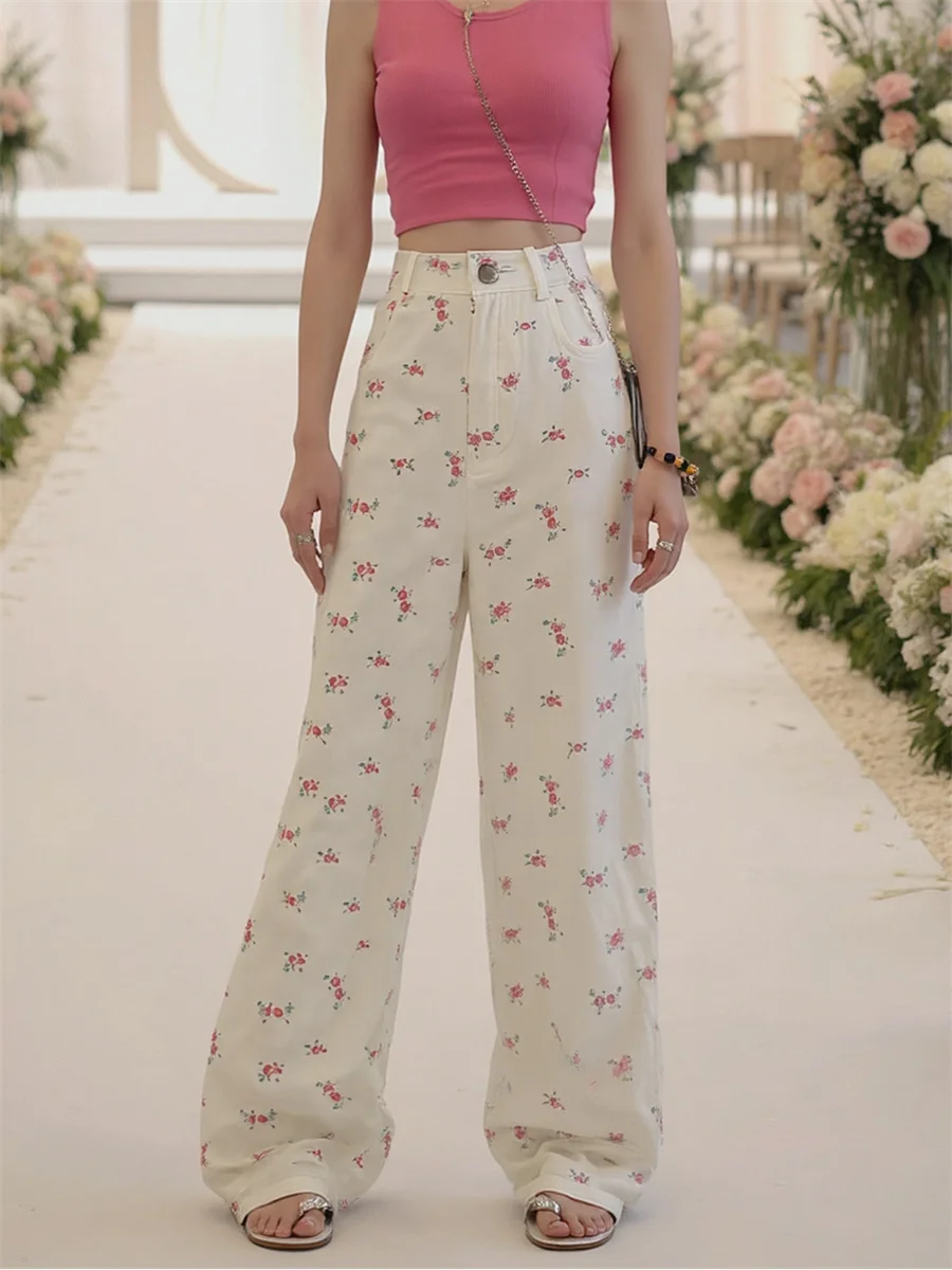 

Милые джинсы с высокой талией и цветочным принтом, ткань для женщин, джинсовые брюки, женская одежда, осенняя атласная широкоугольная работа, офисная молодежная одежда