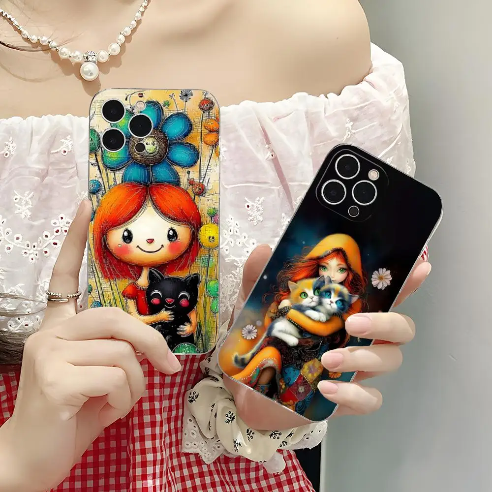 

Чехол для телефона Girl Cat Kitten Art для iPhone 16, 15, 14, 13, 12, 11 X XR XS 8 6 Pro Max Plus Mini Clear Color Protective Pretty Cover