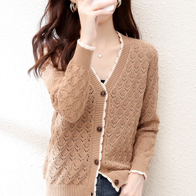 Woman\'s Pure Cotton Cardigan Boutique High-End Solid Color Soft Knit Thin Style Cardigan V-Neck Cozy Casual Versatile Women Tops