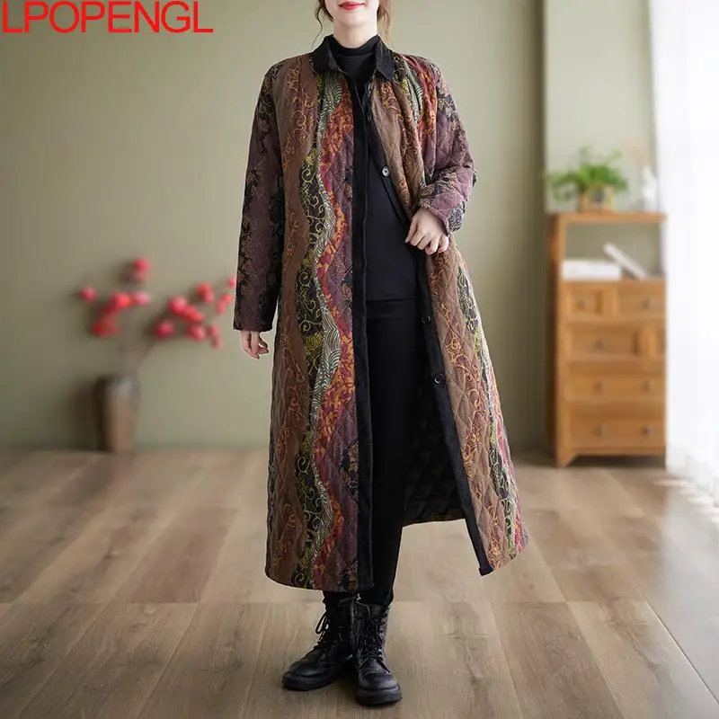 2022 Winter Cotton Coat Ethnic Style Long-sleeved Single-breasted Women Patchwork Crew Neck Medium Length Wide-waisted Jacket