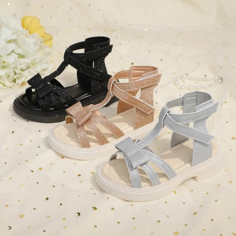 

Girls' Glitter Strap Roman Sandals Open Toe Thick Platform Sole Velcro Ankle Strap Casual Daily Footwear Girls Sandals 26-37