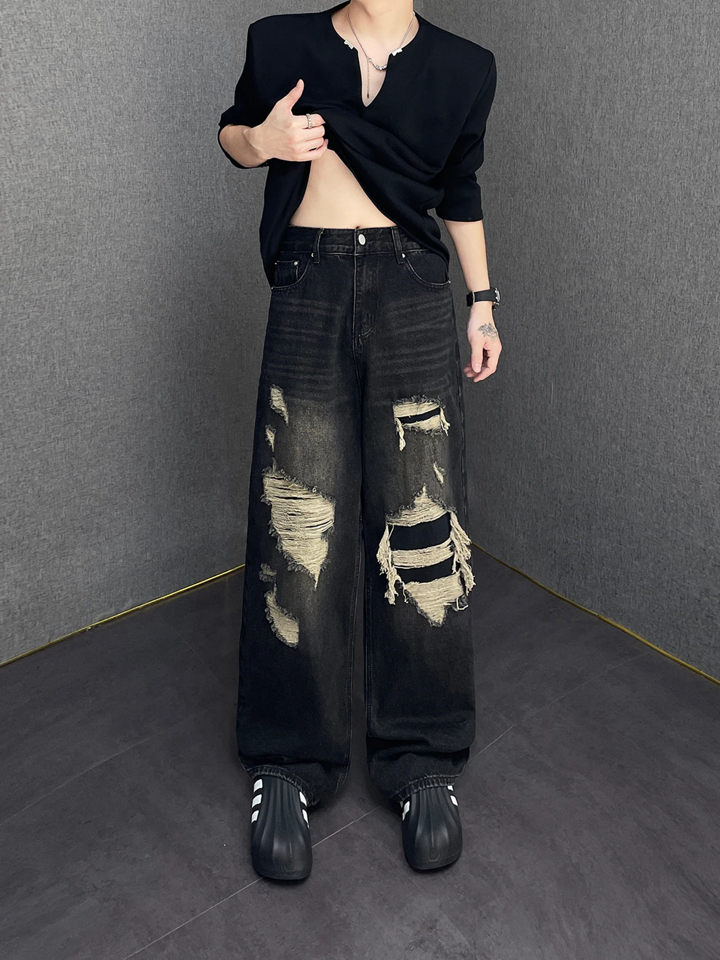 

Retro Loose Fit Straight Leg Denim Jeans Men Women Distred Waed Long Trousers Faionable Floor-Length Casual Pants
