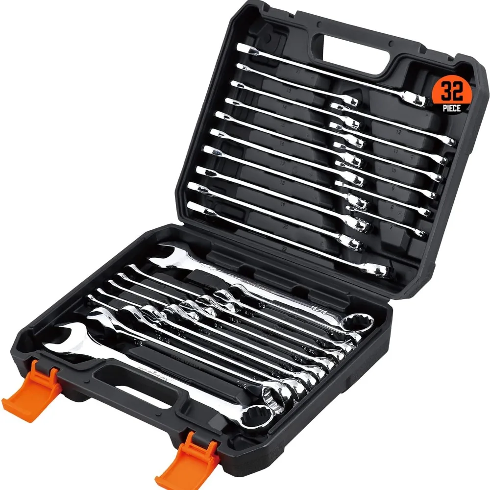 

32-Piece Combination Wrench Set, SAE and Metric, 1/4"-1" & 7mm-22mm, 12 Point, Chrome Vanadium Steel Construction with Case