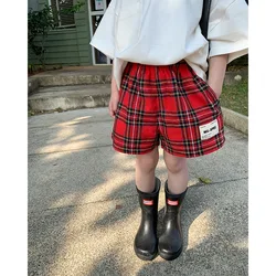 2023 Spring Autumn New Children's Clothing Girls' Red Checkered Pants Korean Shorts Children's Shorts Girl Baby Culottes