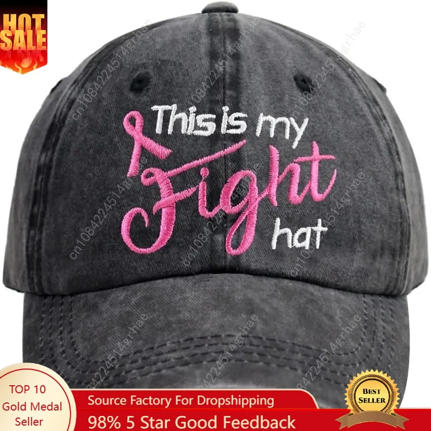 

This is My Fight Hat, Distressed Cotton Adjustable Embroidered Pink Ribbon Breast Cancer Baseball Cap