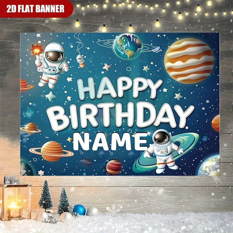 2D Flat, 2D Flat, [Customization] 2D Flat 1pc Personalized Name Birthday Party Cartoon Planet Space Background Cloth, Multi-Func