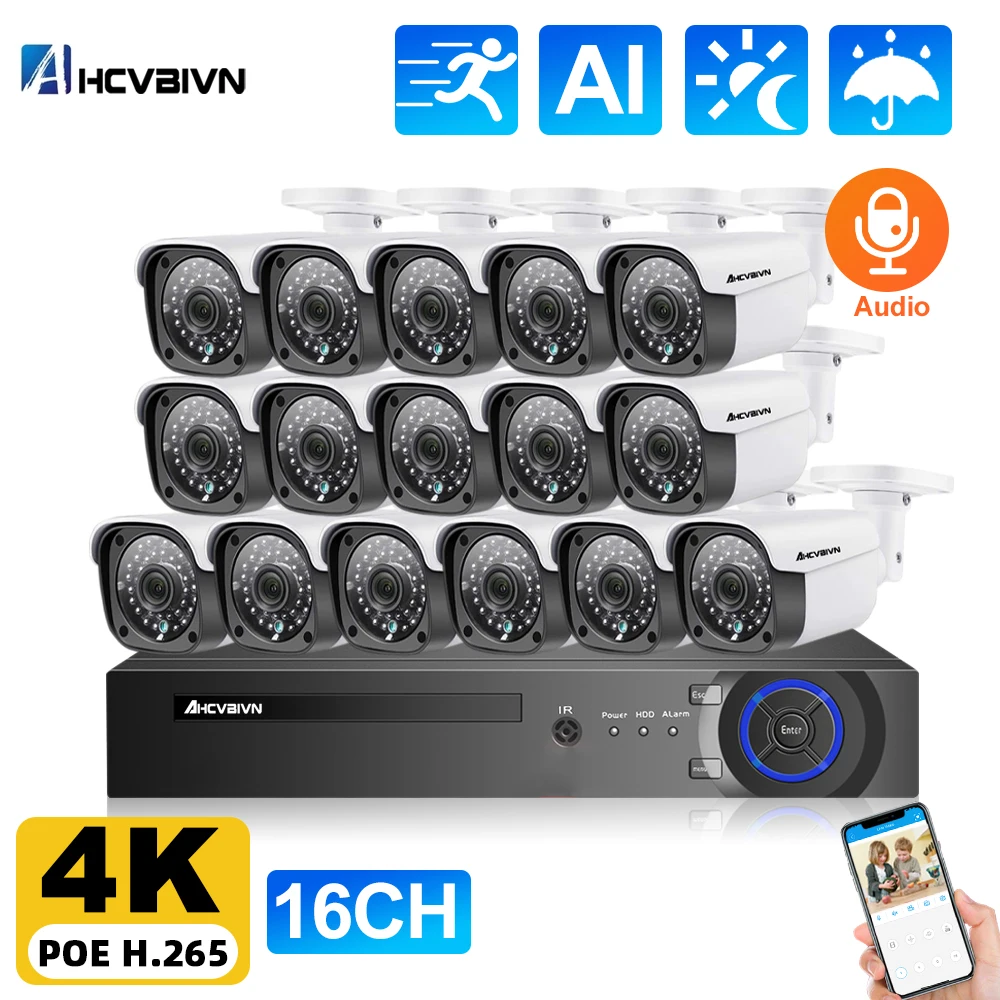 

H.265 16CH 4K POE Network Recorder Kit Outdoor 8MP Audio CCTV Security Camera System Waterproof IP Camera Video Surveillance Set