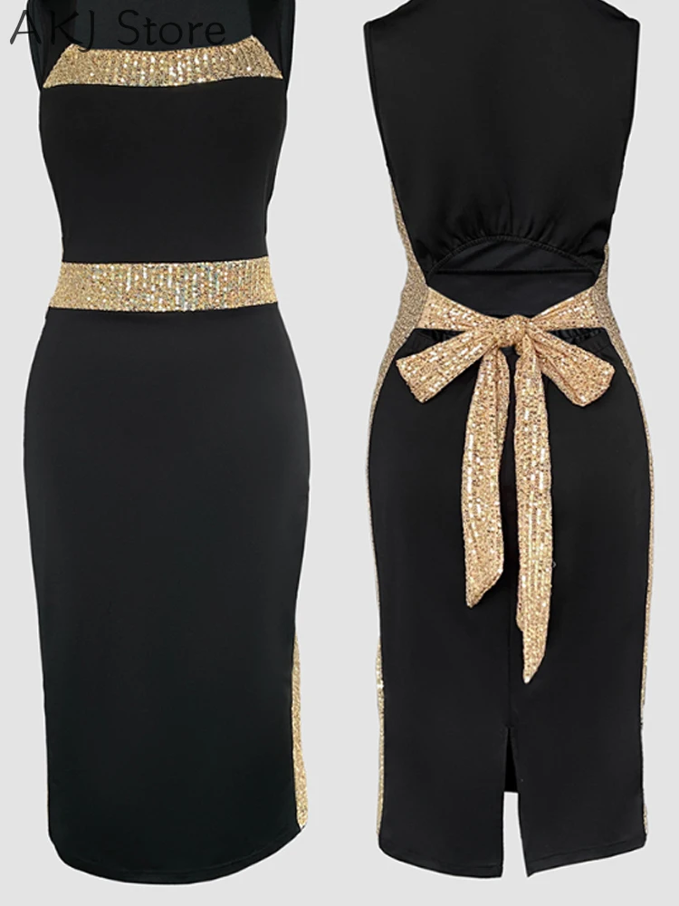 الترتر ليوبارد طباعة حزام سميك ربطة القوس فيونكة الظهر حزب اللباس انقطاع شق الظهر سليم صالح Bodycon اللباس