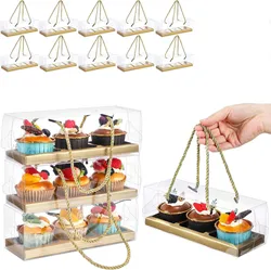 10Pcs Clear Cupcake Boxes Portable Cupcake Container with Rope Handles 3 Compartments Rectangular Cake Carrier for Dessert Party