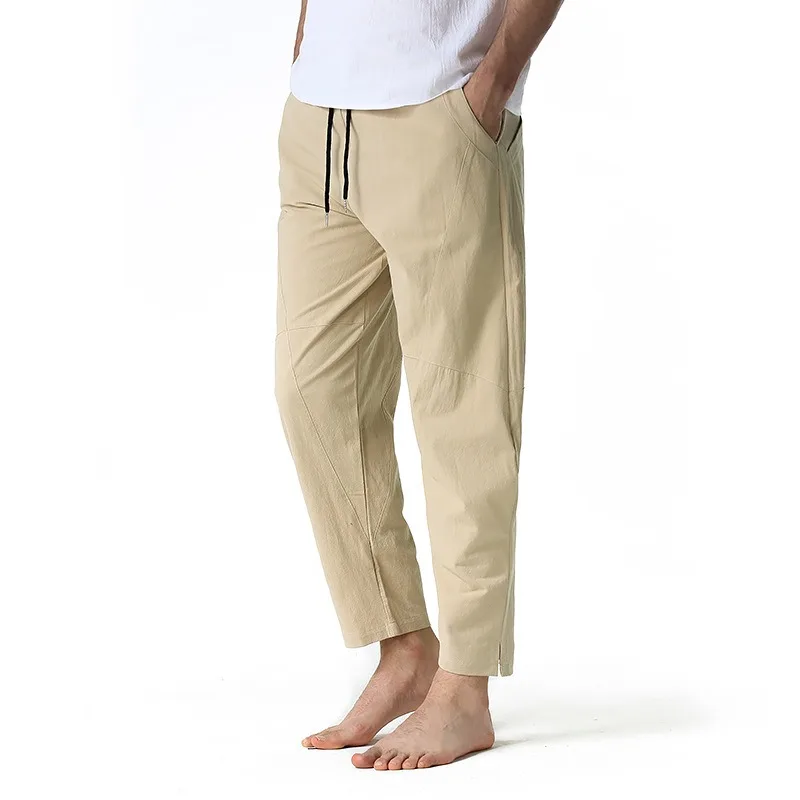 Calça casual solta de linho masculina com elástico na cintura, leve, 4 cores, nova, verão, 2022