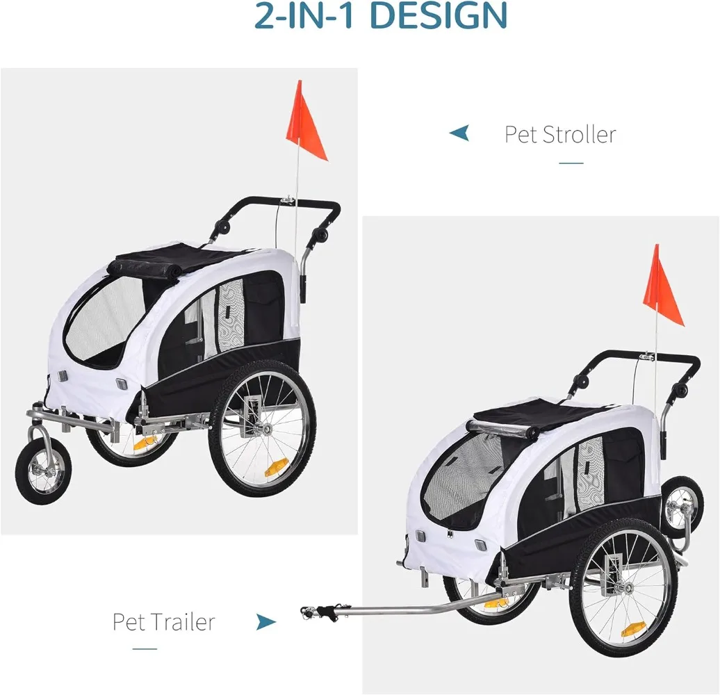 Remorque de vélo pour chien 2 en 1, poussette pour animaux de compagnie avec canModifications et poches de rangement, transport et rangement faciles, entrée et ventilation faciles