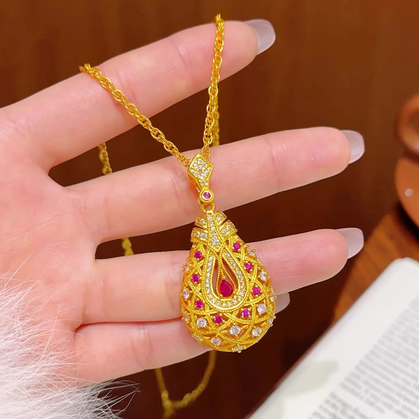 Luxury 24K 9999 Pure Gold real gold Gold shop with silk drill water drop chain women's necklace