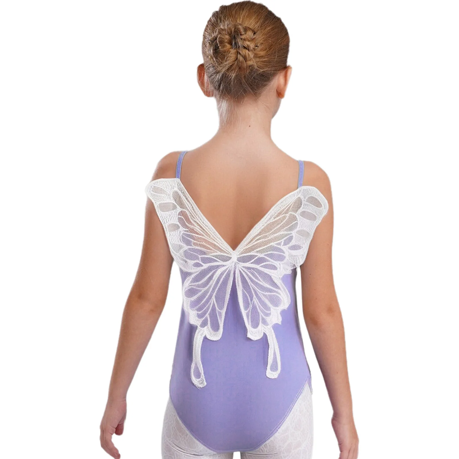 #110-170 Kids Girls Ballet Gymnastics Performance Dance Costume Butterfly Back Ruched Mesh Collar Ballet Warm-up Dance Leotard