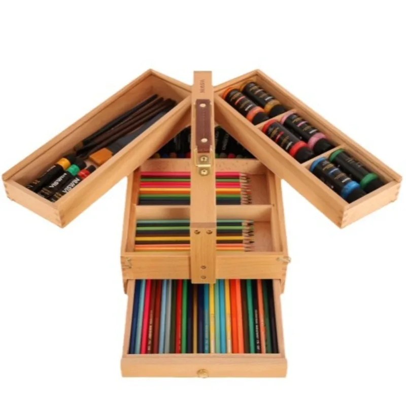 Desktop wooden storage box, brush finishing rack, multi-layer foldable art tool box, solid wood storage box with drawers