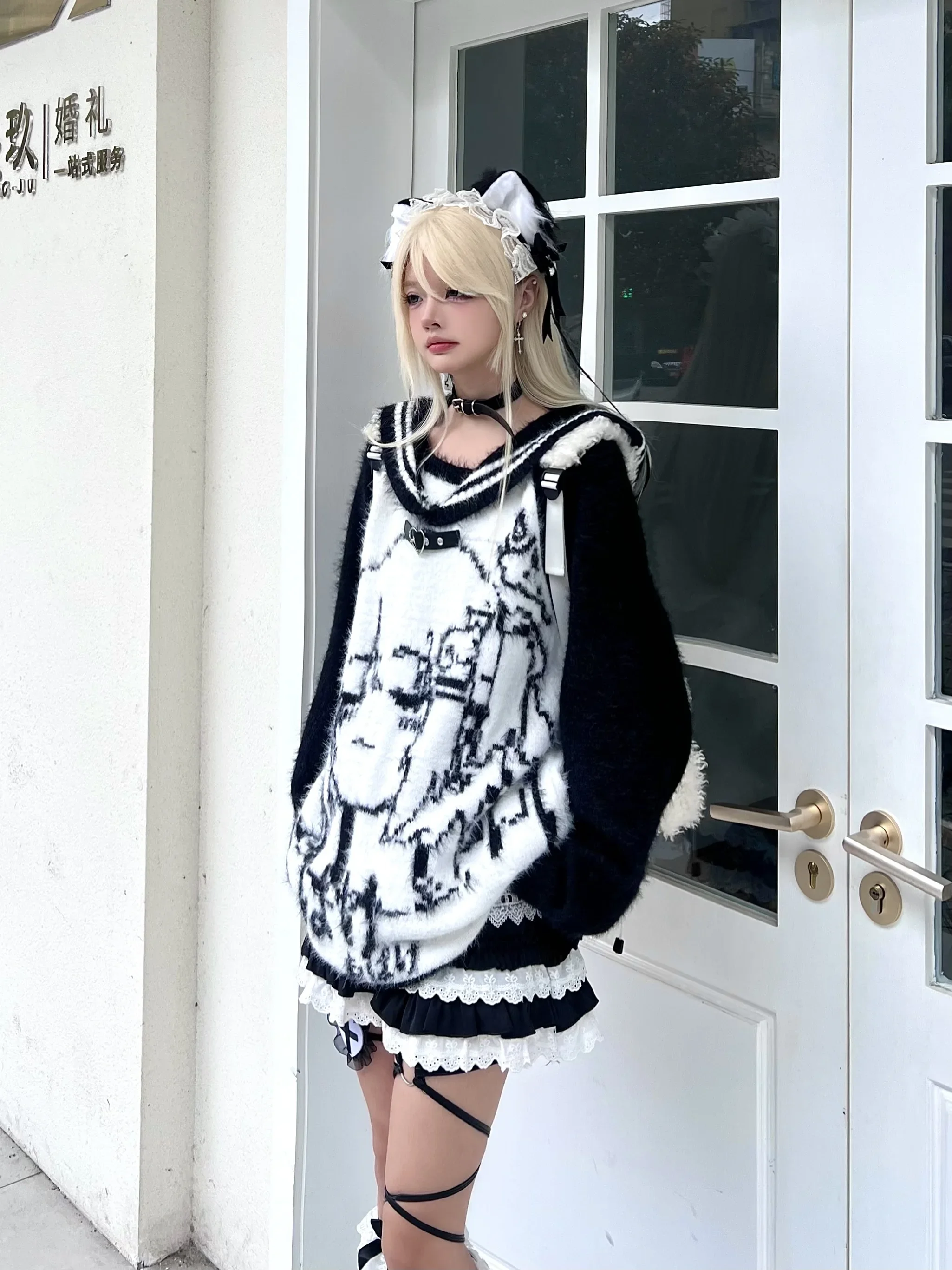 Japanese Navy Collar Sweater Soft Loose Cartoon Print Long Sleeve Knitted Pullovers Black and White Y2k Harajuku Winter