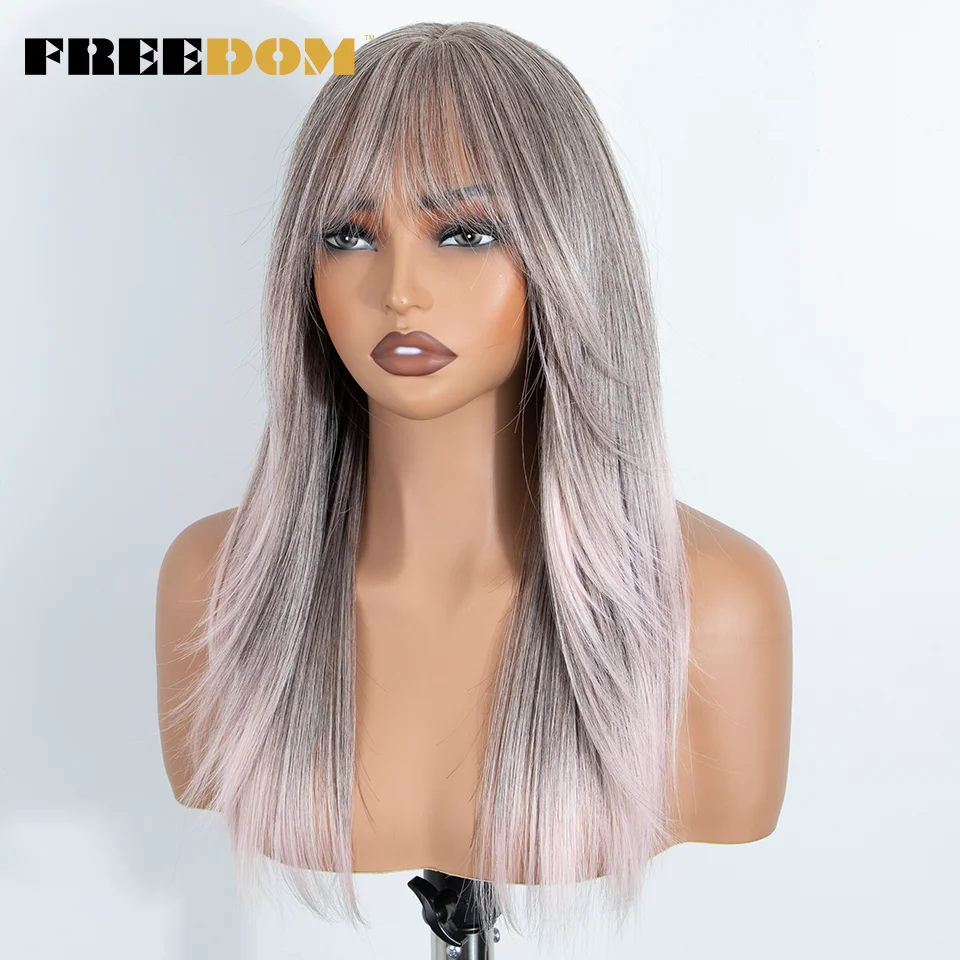 FREEDOM Straight Synthetic Lace Front Wig With Bangs 20 Inch Ombre Brown Blonde Layered Pre-cut Lace Wigs Pink Cosplay Wig