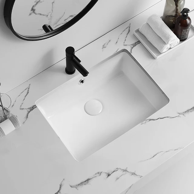 Solid Surface Flat Back Square Under Counter Ceramic Wash Basin Recessed Bathroom Cabinet Vanity Sink