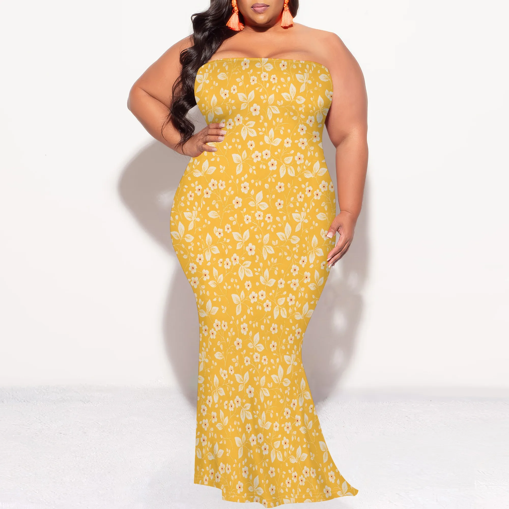 Women's Floral Strapless Maxi Dress - Y2K Flower Print Off Shoulder Bodycon Summer Beach Dress