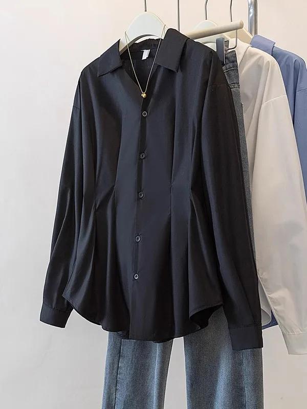 เสื้อคลุมสไตล์เกาหลีสำหรับผู้หญิงไซส์ใหญ่ แขนยาว สีขาว ปกคอพับ ดีไซน์กระชับเอว ช่วยปกปิดและดูอ่อนวัย