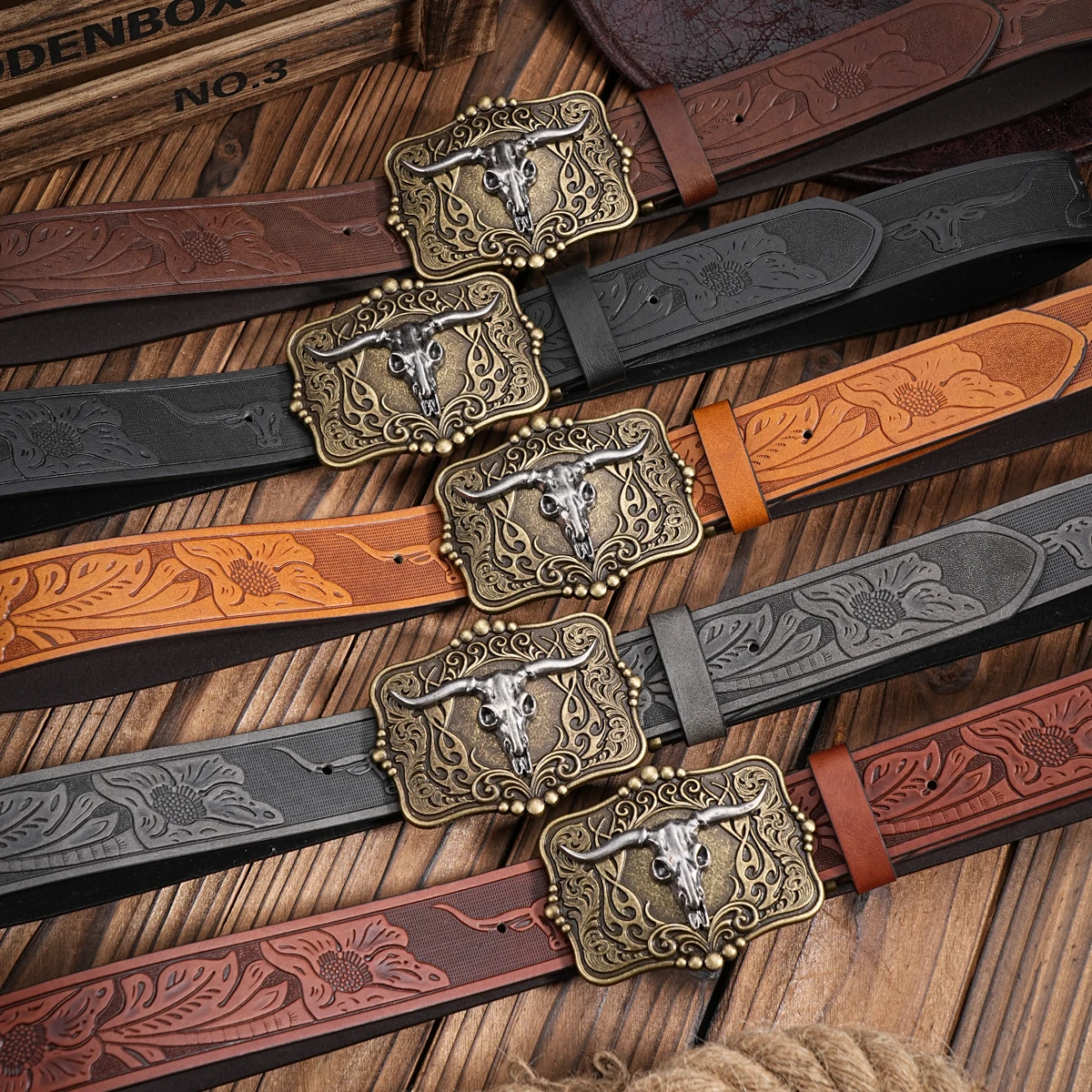 Western Cowboy PU Leather Belt - Men Waist Strap Bull Decoration Floral Engraved for Jeans