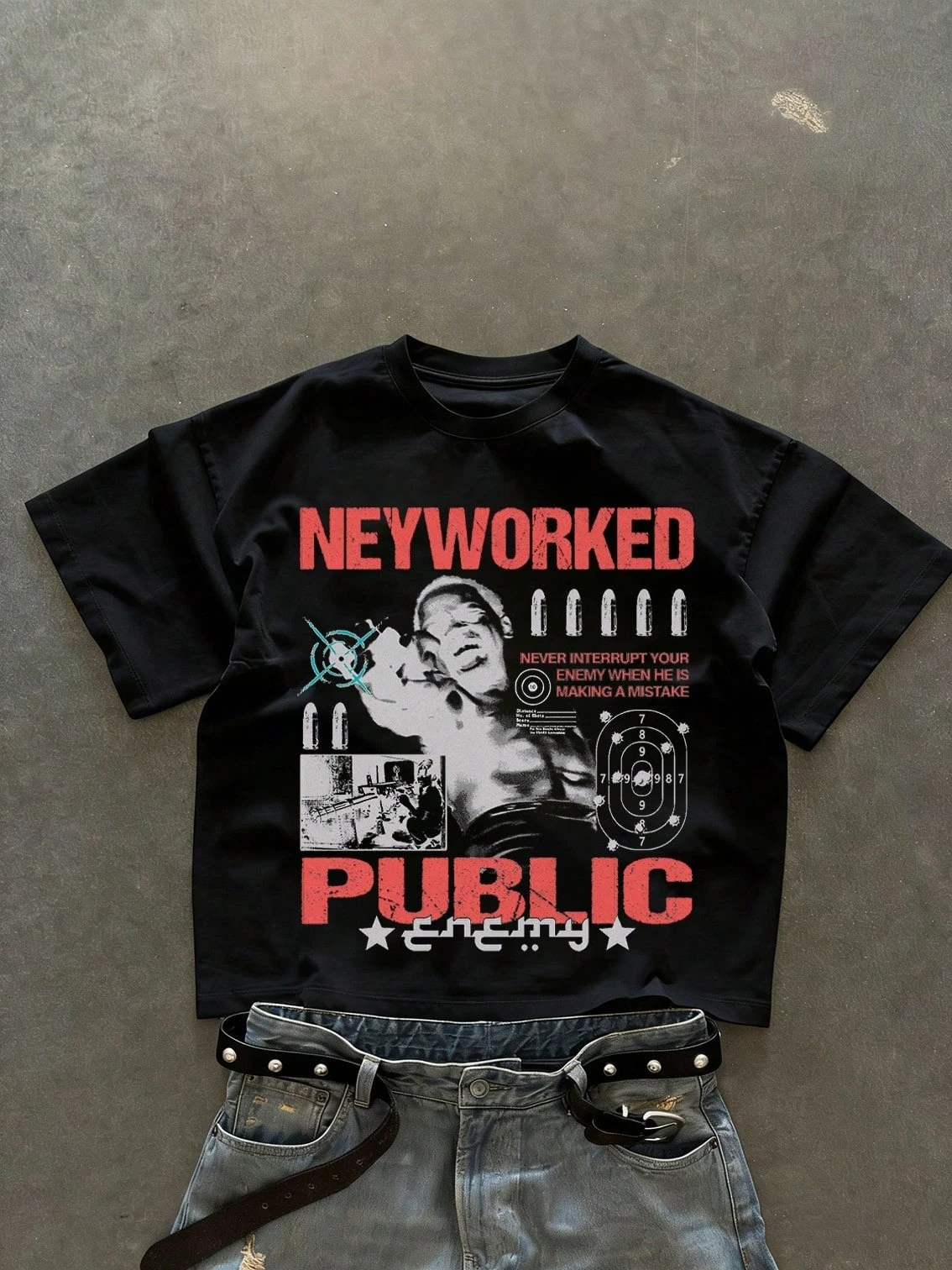 2026 New Parent‑Child Matching Oversize T‑Shirt Vintage Distressed Portrait Poster Star Slogan Front‑Print Retro Cotton Tee Tops