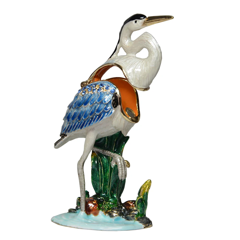 Heron Bird Crystal Trinket Box, Enamel Jewelry Holder, Metal Figurine, X'mas Gifts