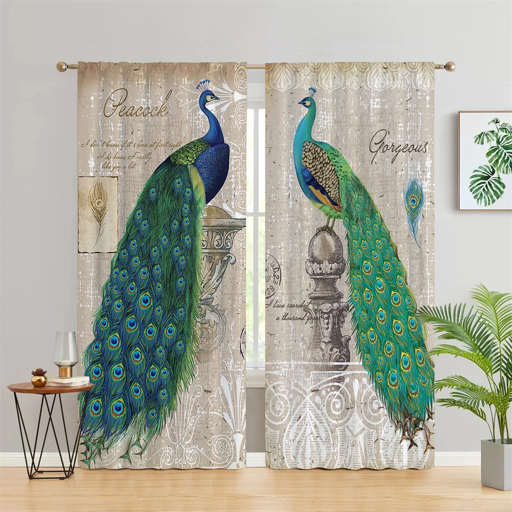 Vintage Peacock Blue Flowers Butterfly Aninmal 3D Digital Printing Thin Hall Window Curtains For KidsBedroom Living Room 2Panels