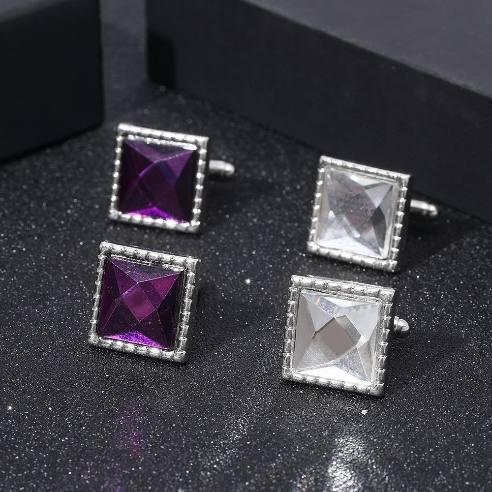 Wholesale 2 Pcs/Set Purple White Acrylie Crystal Square Cufflinks For Men Boys Shirt Suit Jewelry Accessories