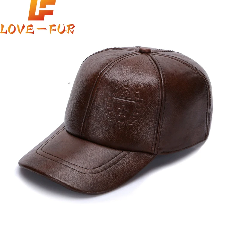 Male Fall Winter Genuine Real Cow Leather Baseball Hats New Men Casual Real Leather Earflap Cap Men Real Cowhide Leather Caps