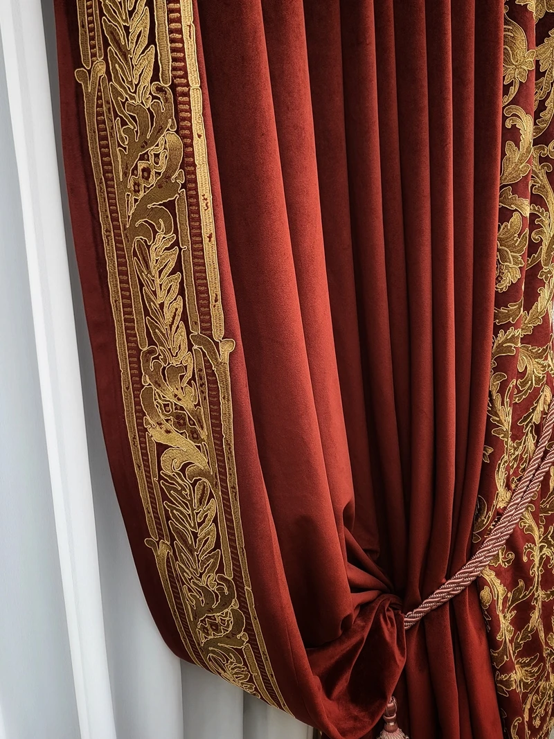 French Palace Wine Red Velvet Embroidery Thickened Shading Curtains for Living Room Bedroom Villa High Window Customization