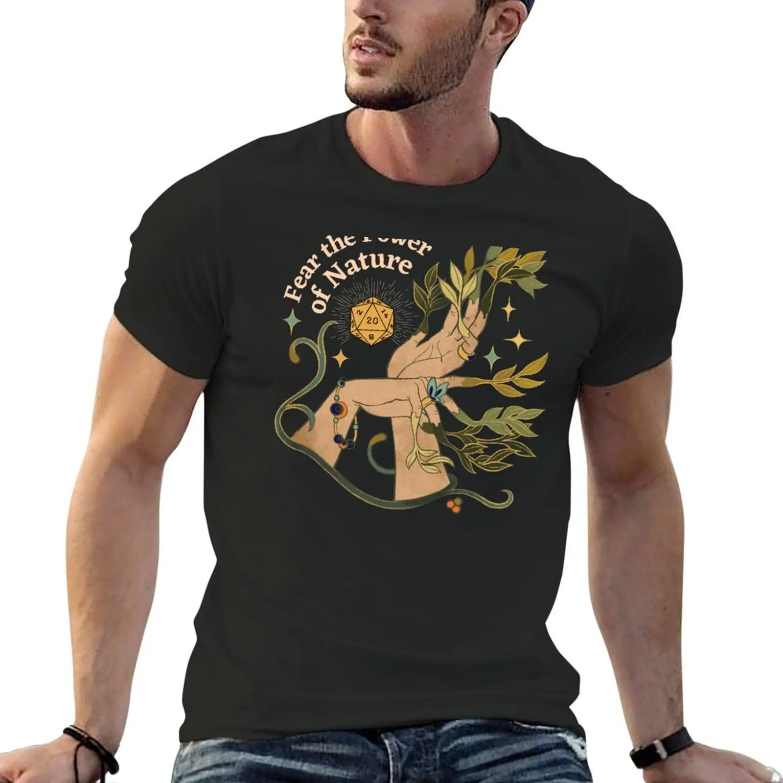 

NATURE DRUID, Dnd Dice, Botanical Hands and stars: Fear the Power of Nature T-Shirt anime t shirts Short sleeve tee men