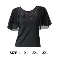 Elegant Ladies Ballroom Dance Tops Trumpet Sleeves Colorful Rhinestone Neckline
