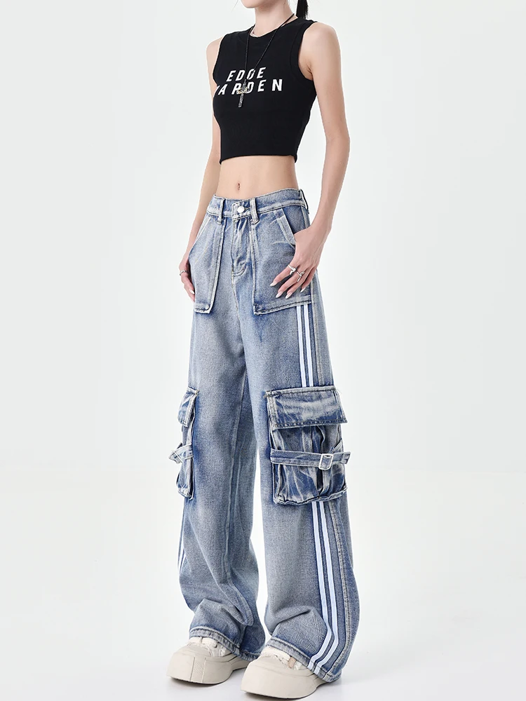 Women Blue Y2k Striped Cargo Jeans Harajuku Denim Trousers 90s Aesthetic Jean Pants Vintage Japanese 2000s Style Trashy Clothes