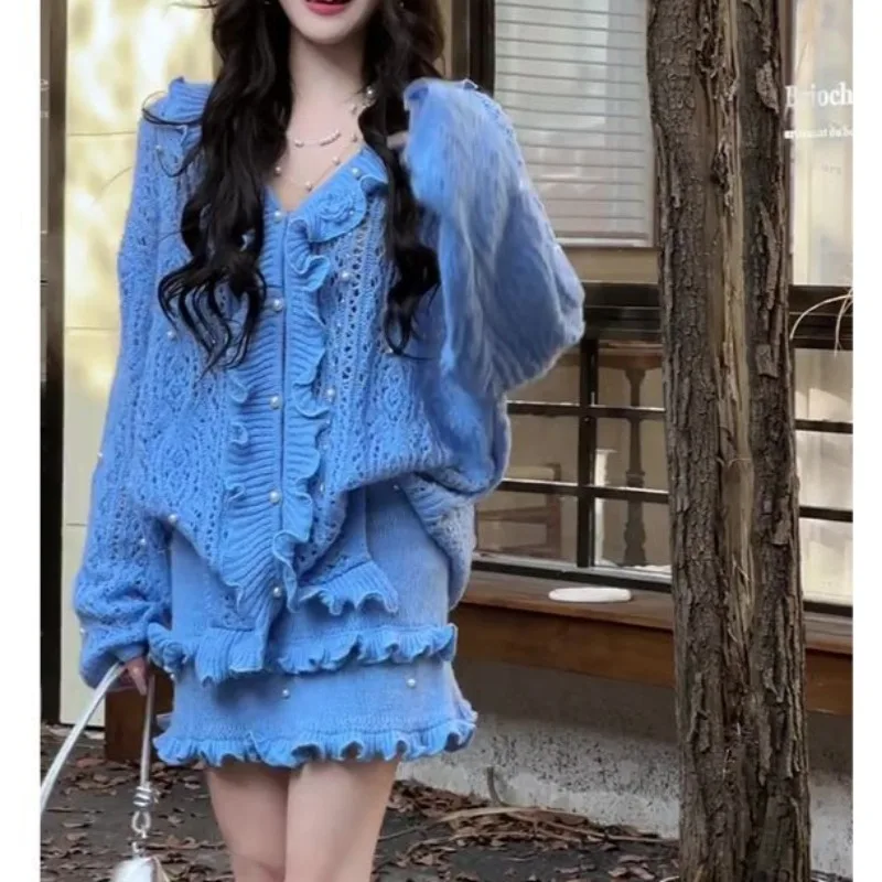 Women's French-style Ruffled Hollow-out Beaded Long-sleeve V-neck Top and Sweater Pencil Skirt Set, New Autumn Style 2025