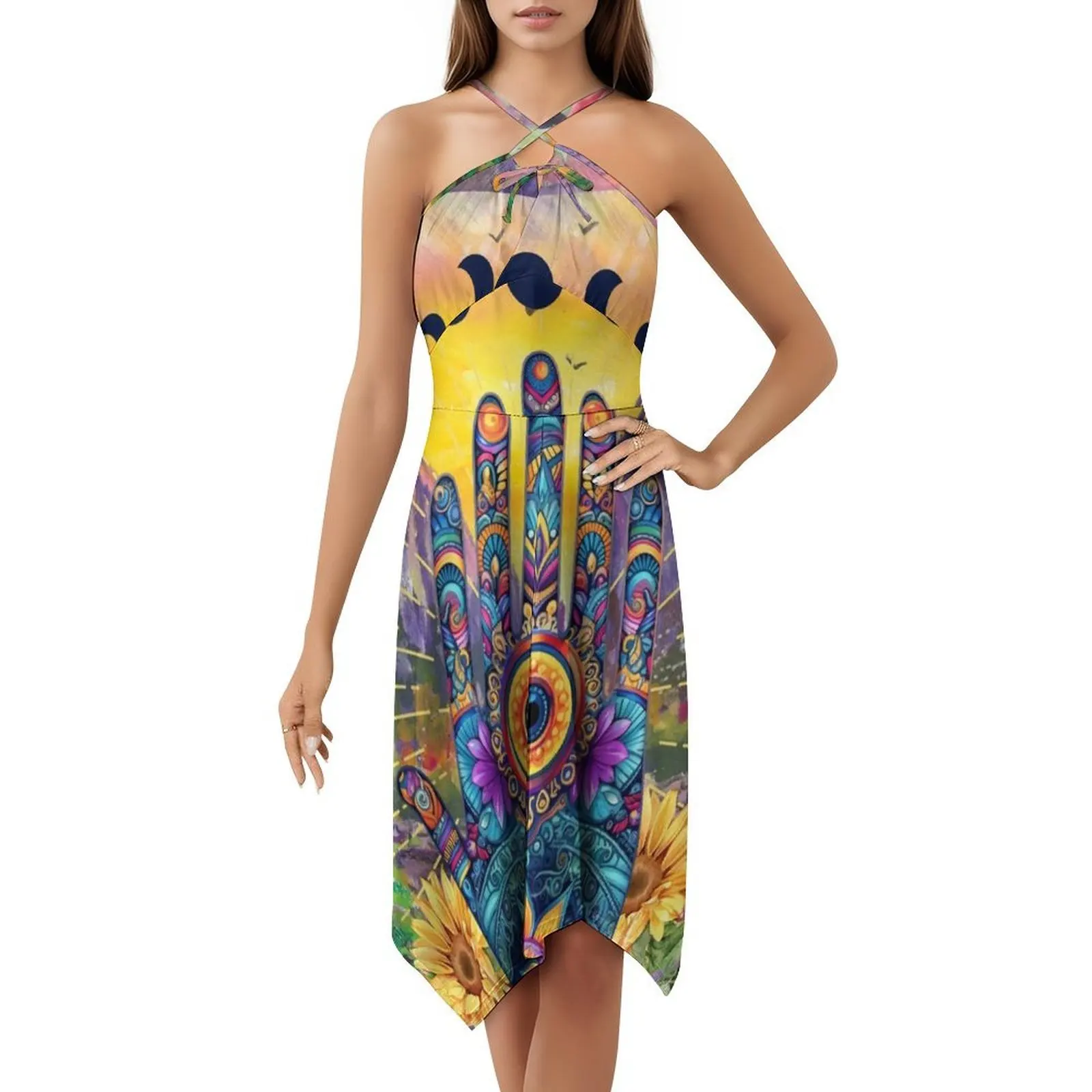 همسة يد السلام يد فاطمة البوهيمي فستان بلا أكمام متعدد الطباعة شاطئ عطلة فستان الحفلات همسة يد همسة يد