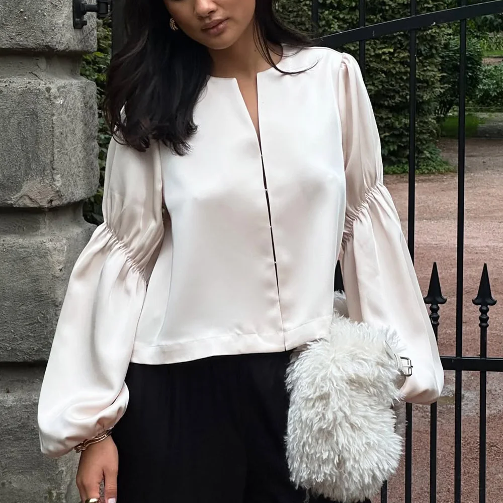 Ticketsx femmes solide chemise froncée élégant ample simple poitrine Blouse chemise mode femme décontracté haute rue fête dame chemise