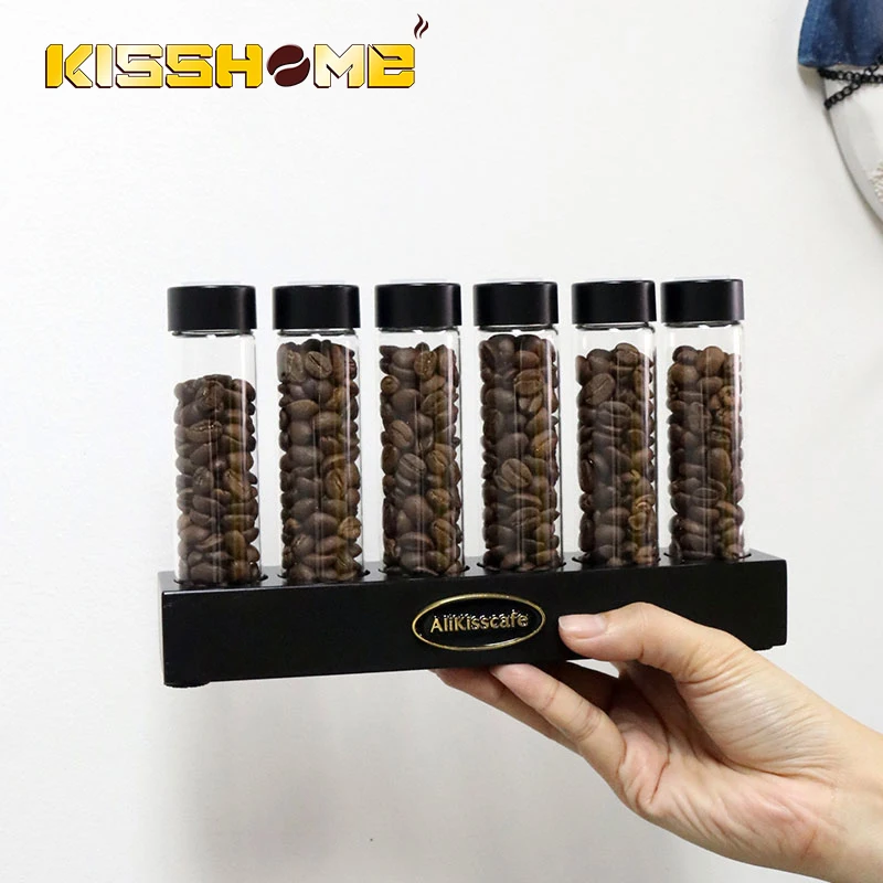 Kaffeebohnen-Aufbewahrungsbehälter Glasröhre mit Atmungsaktivem Deckel Holz-Präsentationsständer Barista-Zubehör Kaffee-Set Geschenk