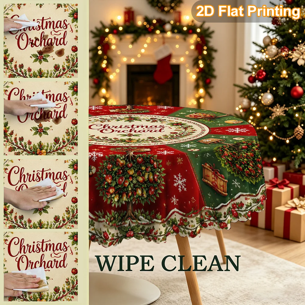 Tablecloth Christmas Gift , round tablecloth, designed with a round Christmas orchard scene, perfect for New Year's parties
