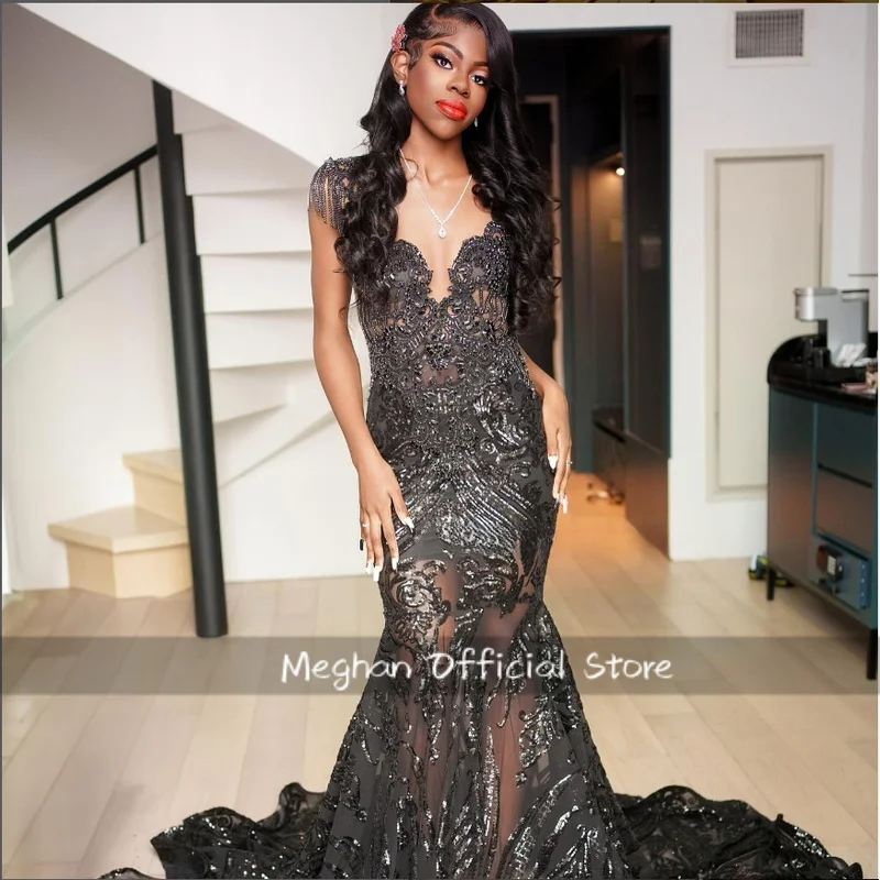 블랙 시스루 머메이드 프롬 드레스, 정교하고 우아한 비즈 장식, 하이 오픈 포크, 흑인 소녀 생일 파티 맞춤 제작
